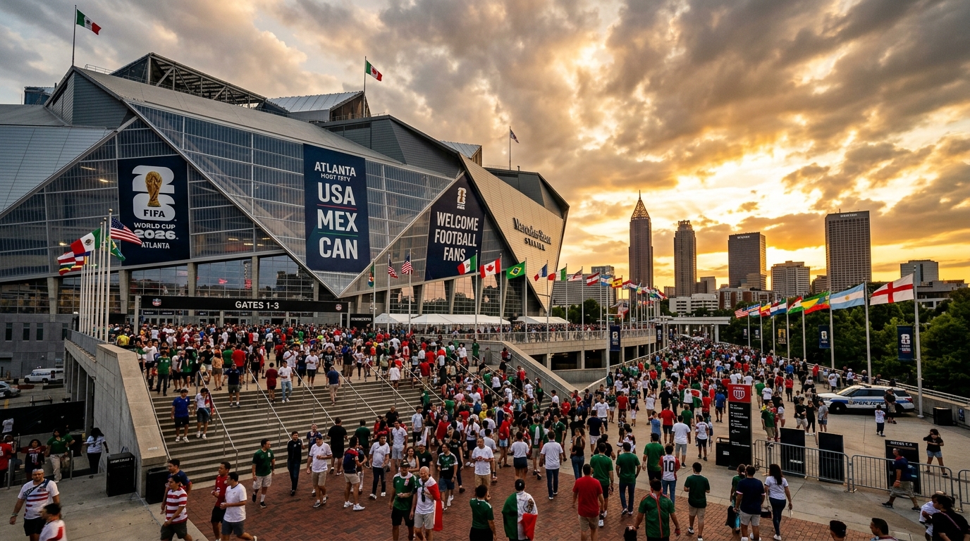 Mercedes-Benz Stadium exterior draped in World Cup banners with crowds arriving at sunset