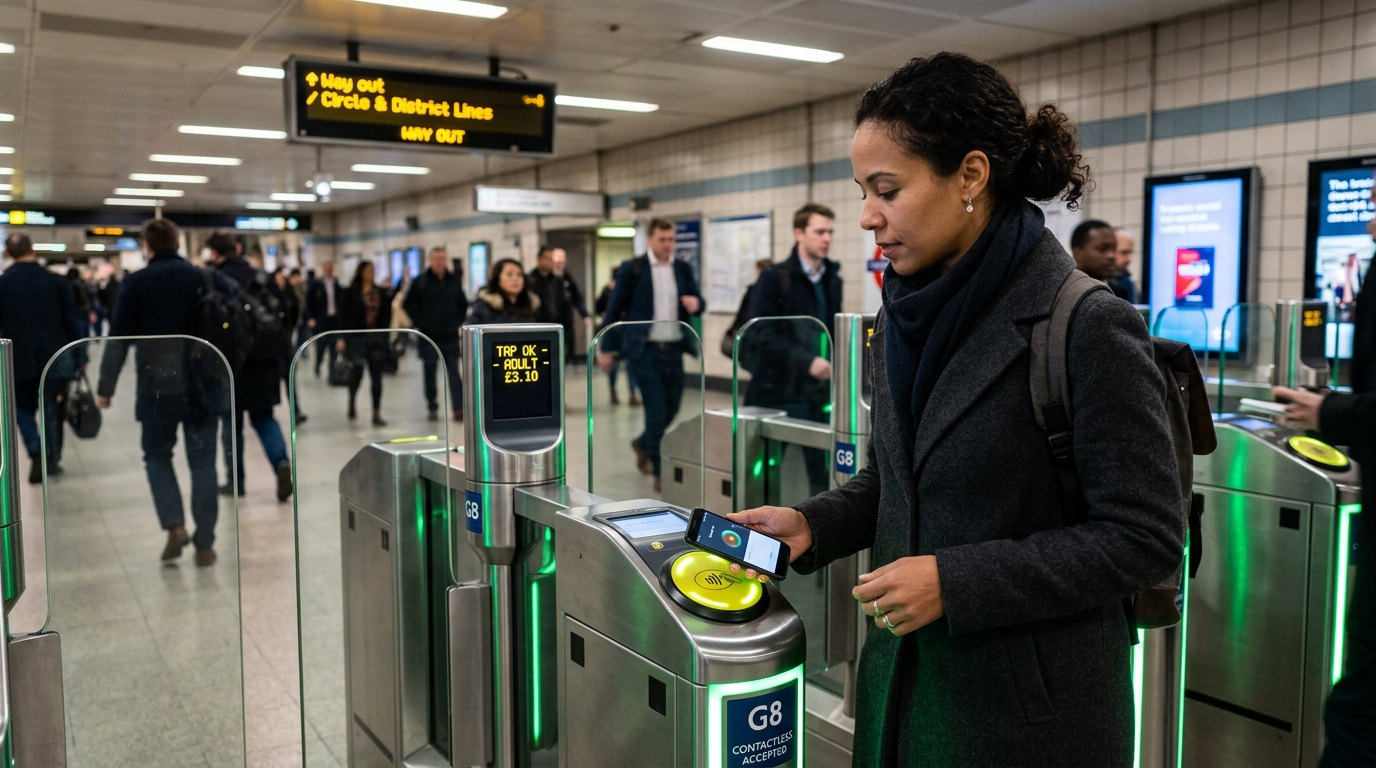 A commuter tapping a smartphone at a modern MARTA fare gate with LED indicator lights