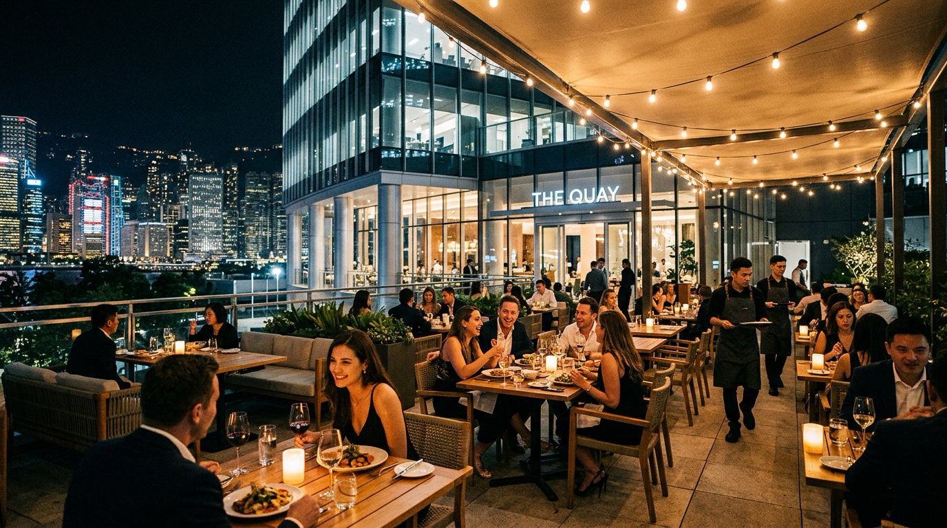 An exterior view of the restaurant row at Centennial Yards in downtown Atlanta