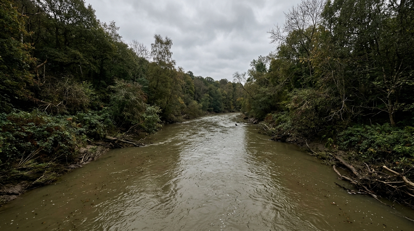Murky waters of the Chattahoochee River near wooded banks during an environmental investigation