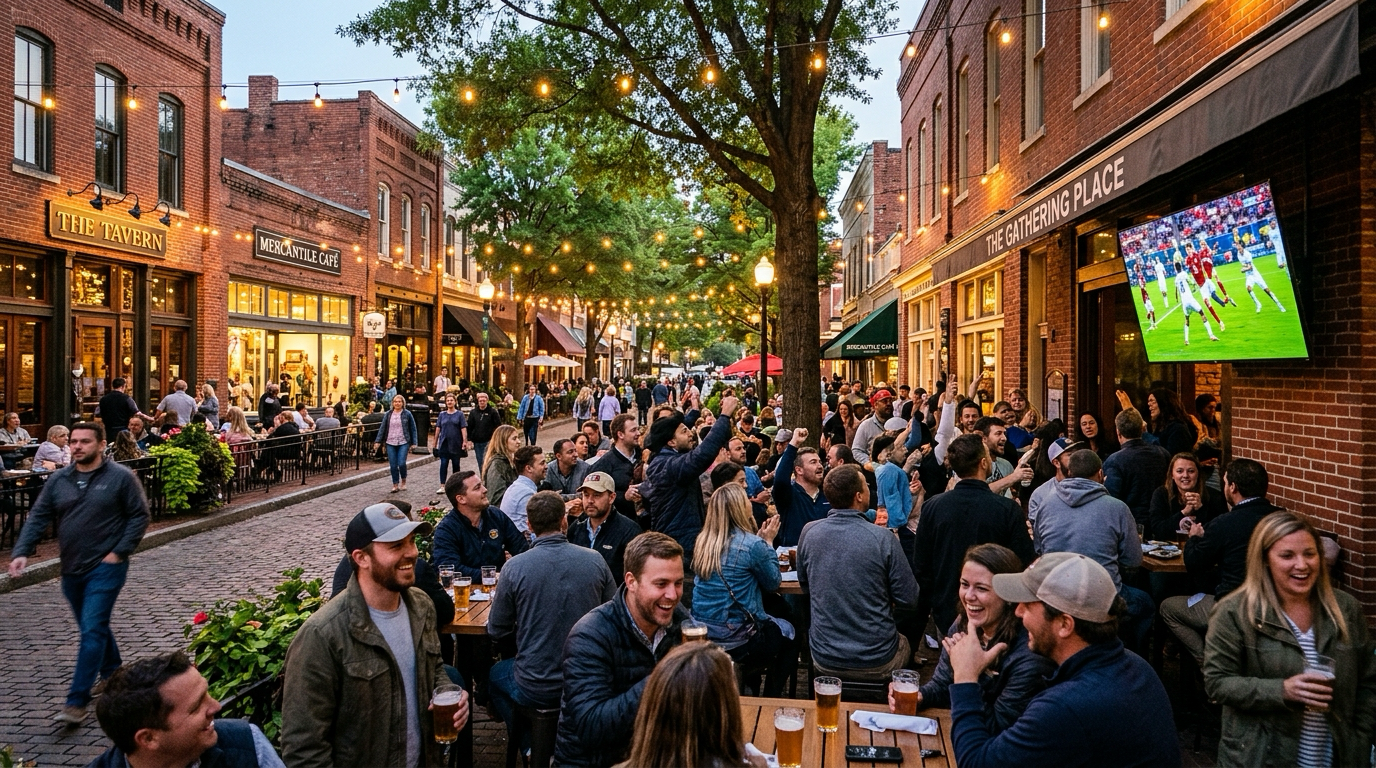 Crowds watching a soccer match on a large outdoor screen in downtown Decatur