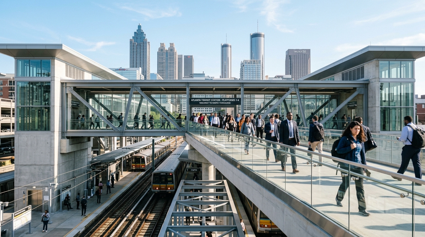 Commuters cross a newly opened pedestrian bridge at a MARTA rail station