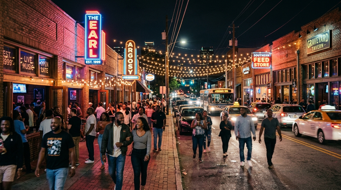 A busy Edgewood Avenue in Atlanta at night with neon bar signs and pedestrians