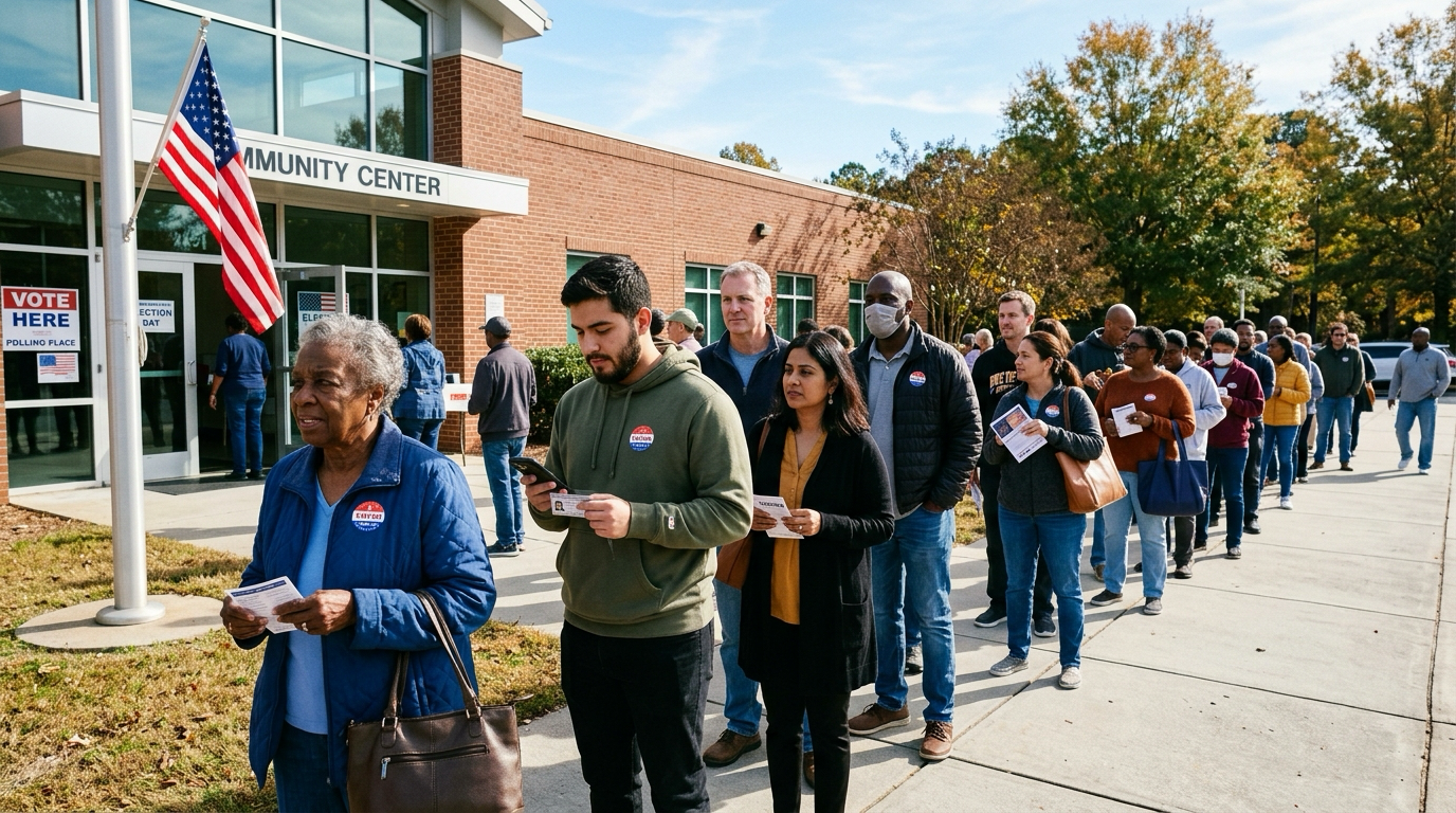 Georgia voters line up outside a polling location in metro Atlanta on primary day