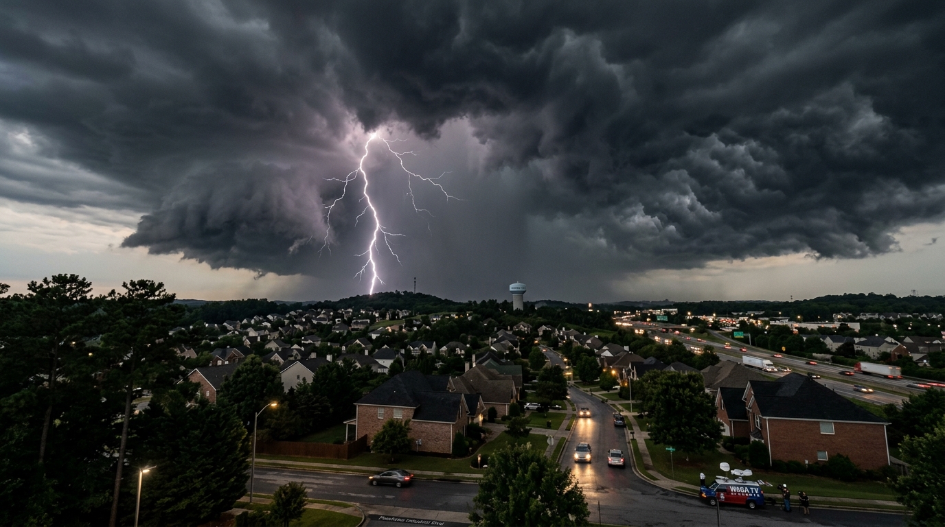 Dramatic storm clouds and lightning over a suburban Georgia landscape