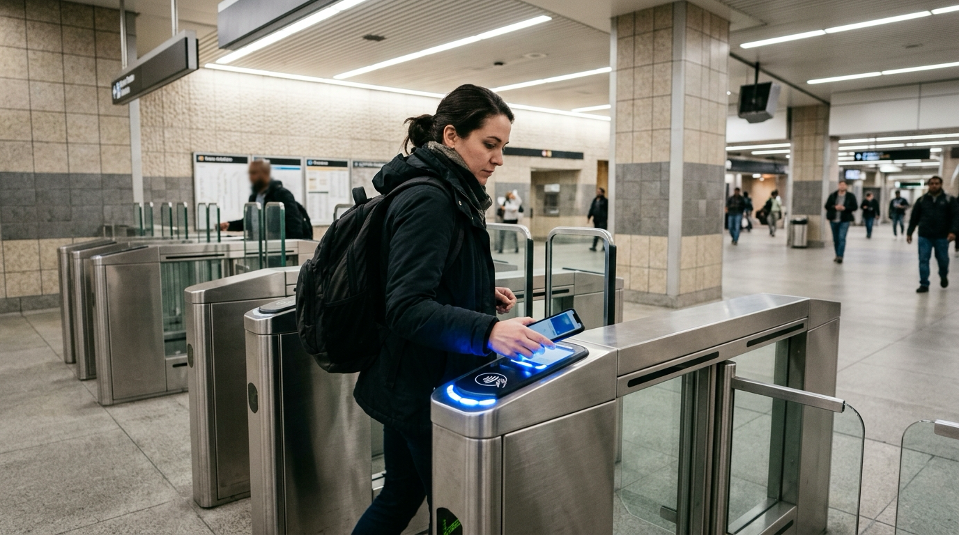 A rider taps a smartphone at a MARTA fare gate equipped with the new Better Breeze contactless reader