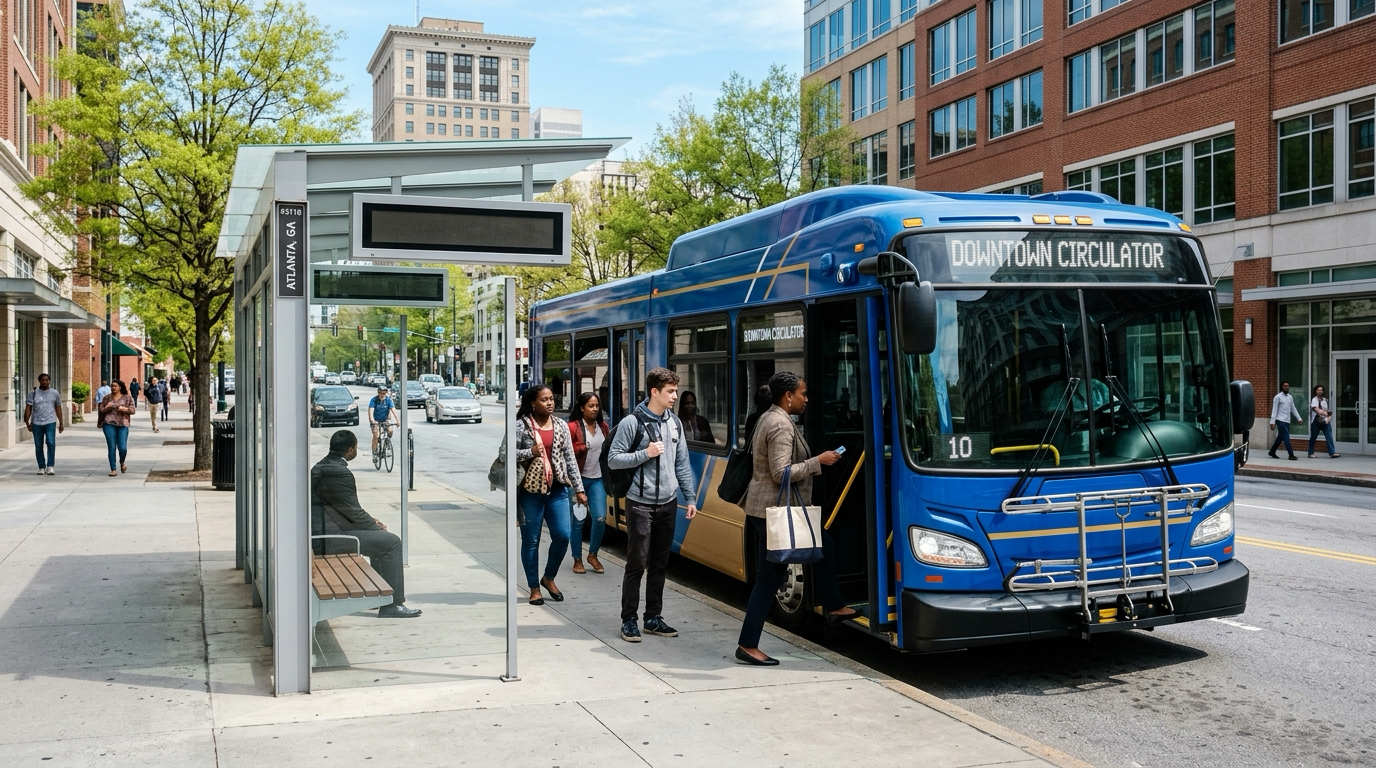 A MARTA bus displaying the new NextGen route branding pulls into a redesigned stop in downtown Atlanta