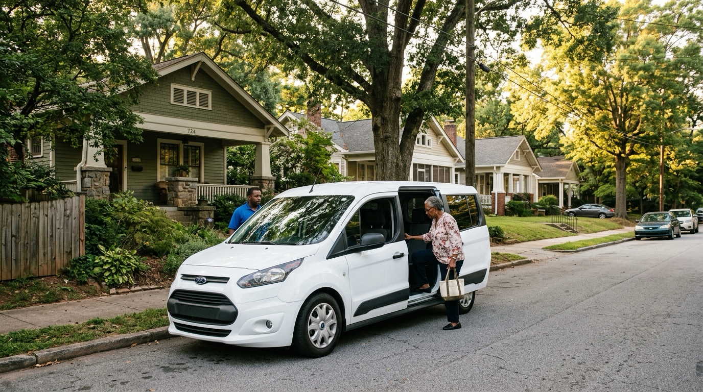 A compact MARTA Reach shuttle van picks up a rider at a neighborhood stop in south DeKalb County