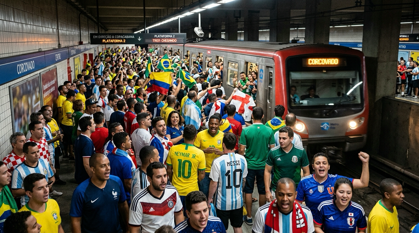 Dense crowds of fans waiting on a MARTA rail platform during the World Cup