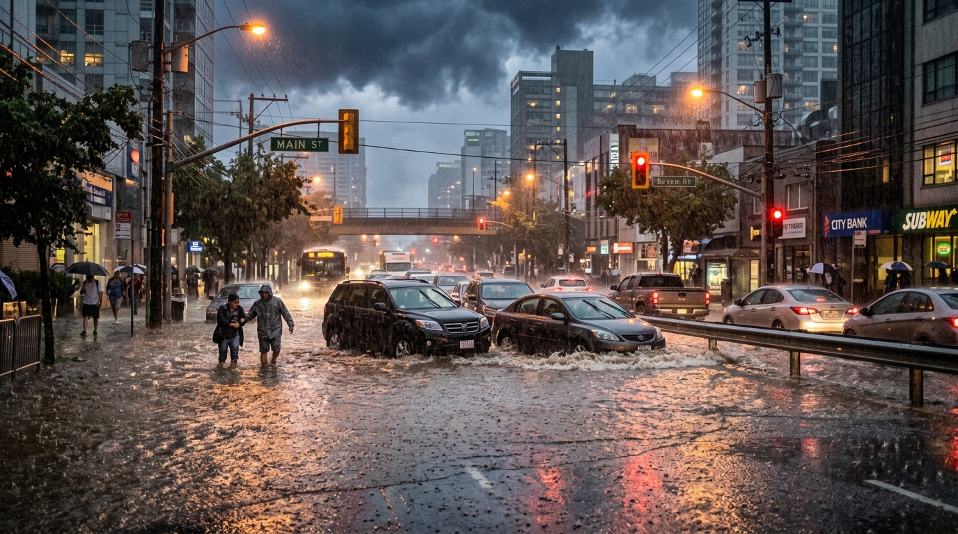 Floodwaters cover an Atlanta roadway during heavy rainfall on May 20, 2026