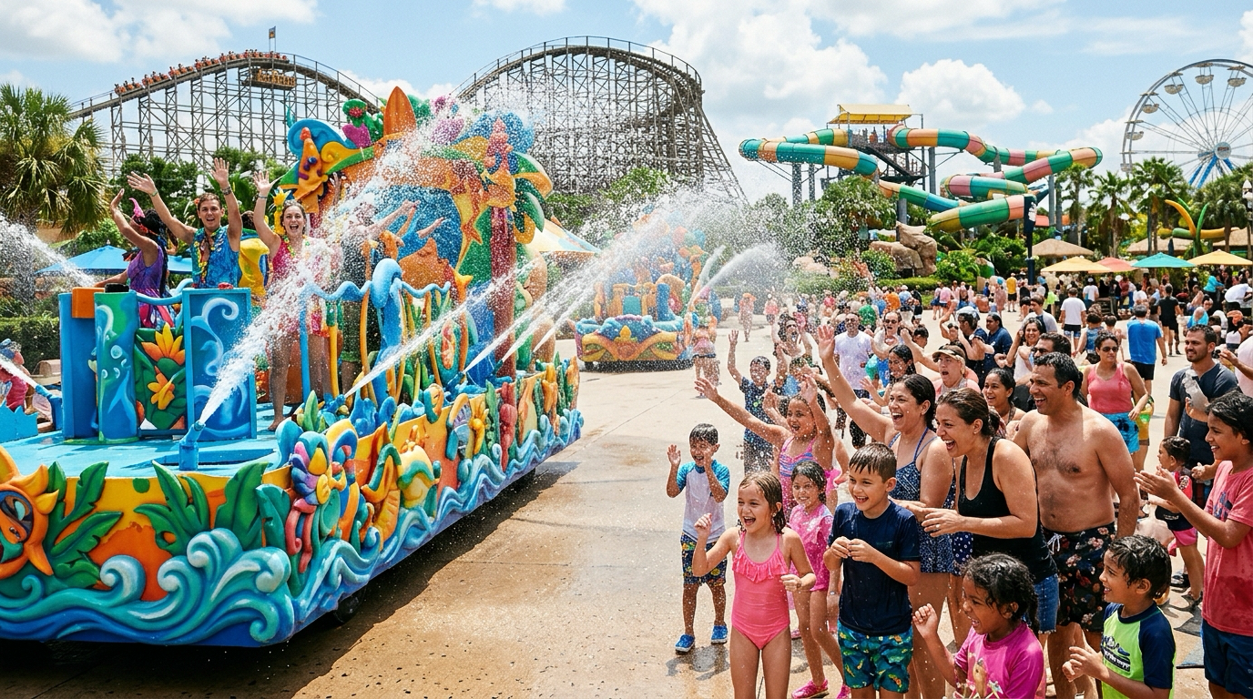 Guests enjoying water splash zones during the SPLASH! Water Parade at Six Flags Over Georgia