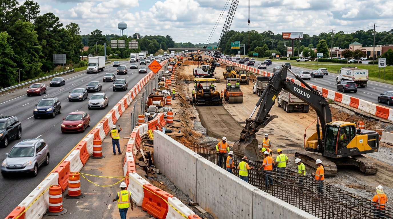 Highway construction zone along a multi-lane expressway in suburban Georgia